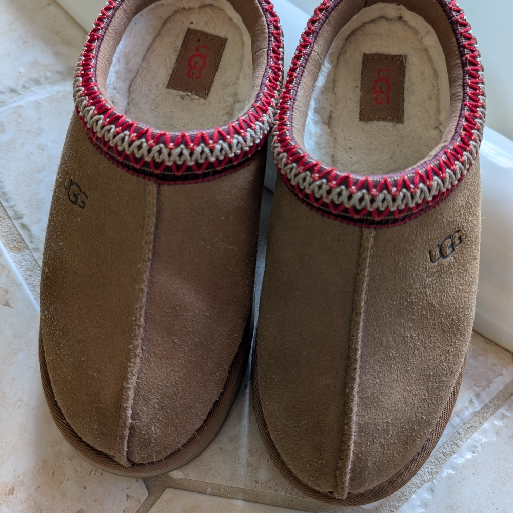 UGG Brown Suede Slippers with Red Trim... Tazz Platform Clog Slippers